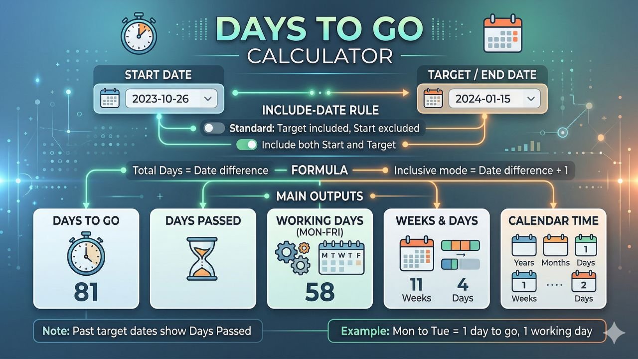 Days To Go Calculator With Working Days and Date Count Tool