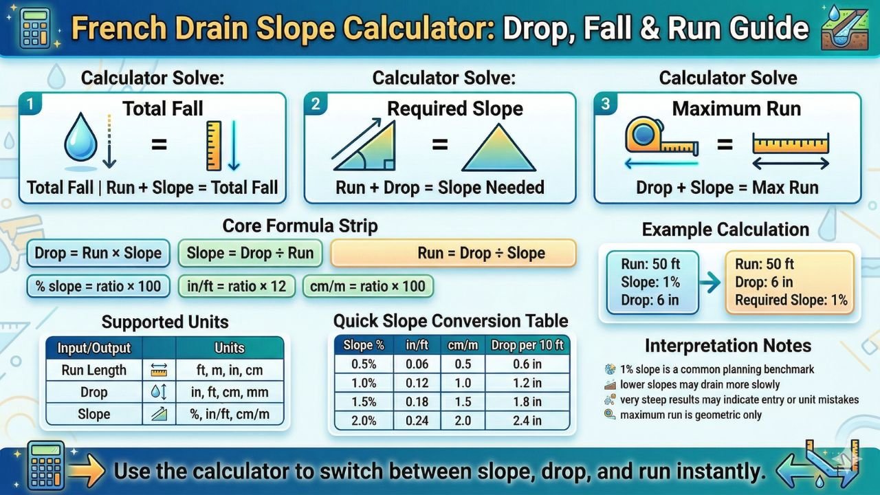 French Drain Slope Calculator | Drain Fall & Drop by Length