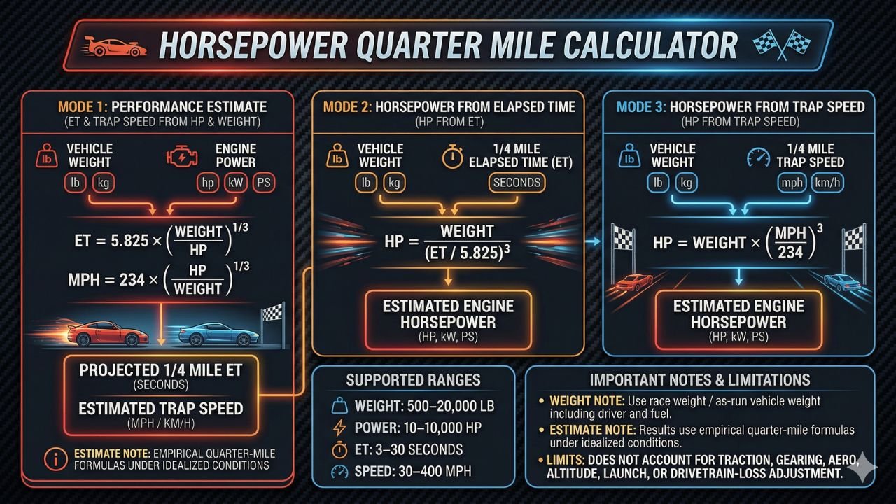 Horsepower Quarter Mile Calculator: ET, Trap Speed & HP
