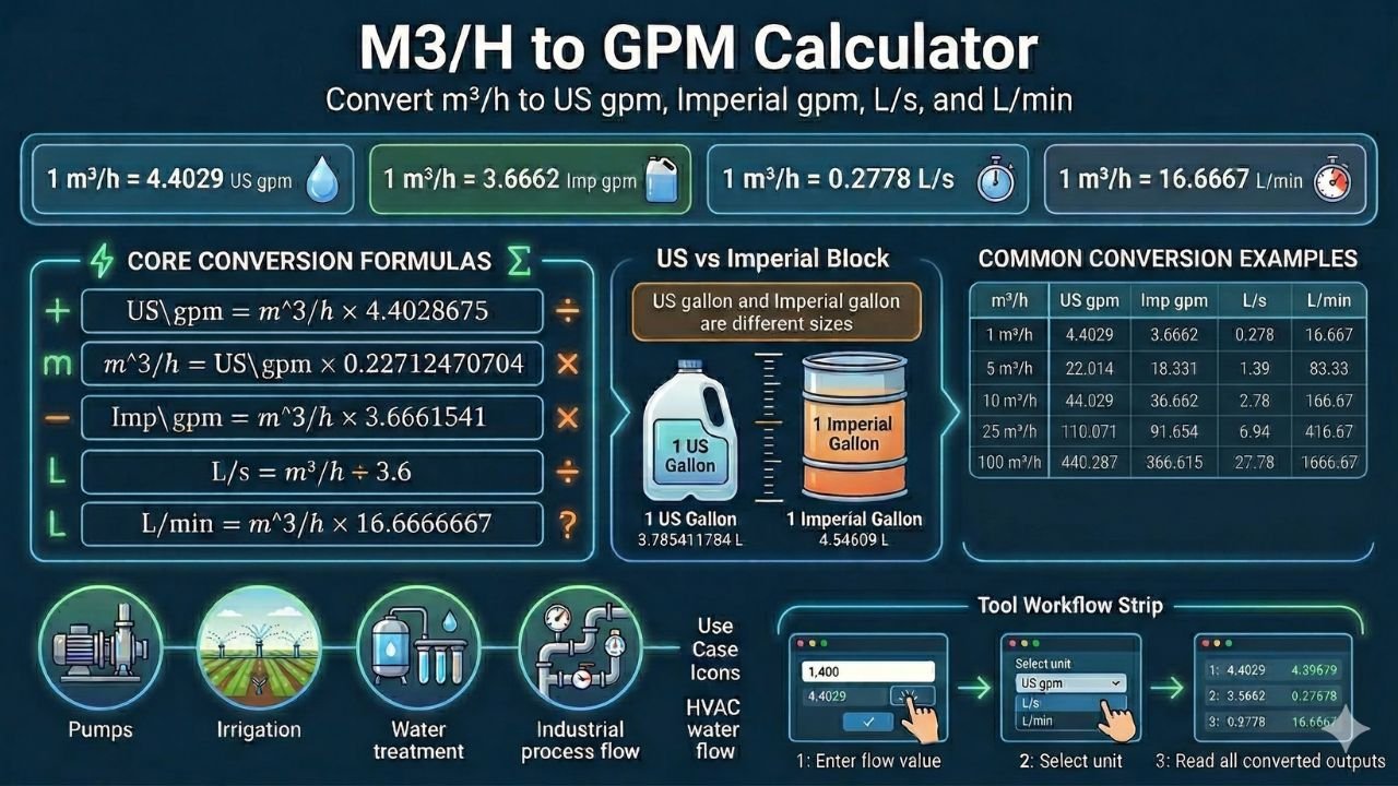 M3/H to GPM Calculator with US, Imperial, L/s Conversions