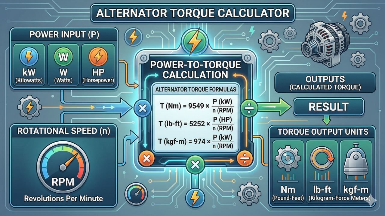 Alternator Torque Calculator for Power, Speed, and Torque