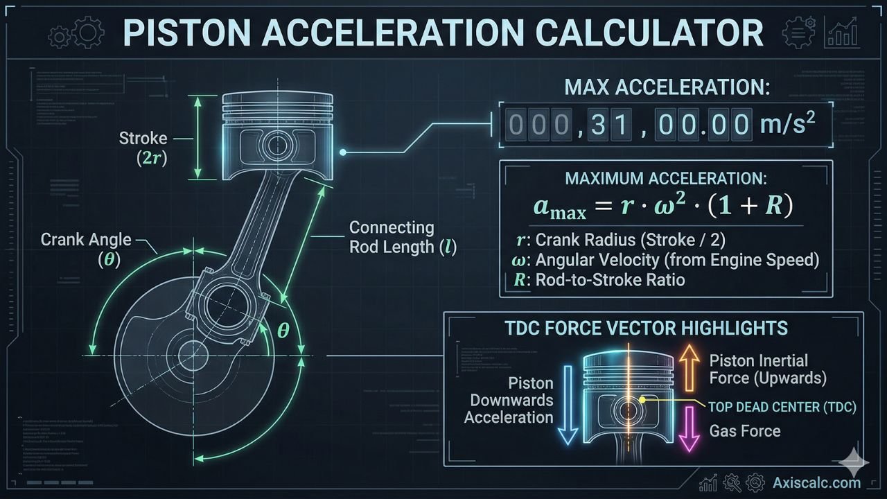Piston Acceleration Calculator by RPM, Stroke, Rod, Angle