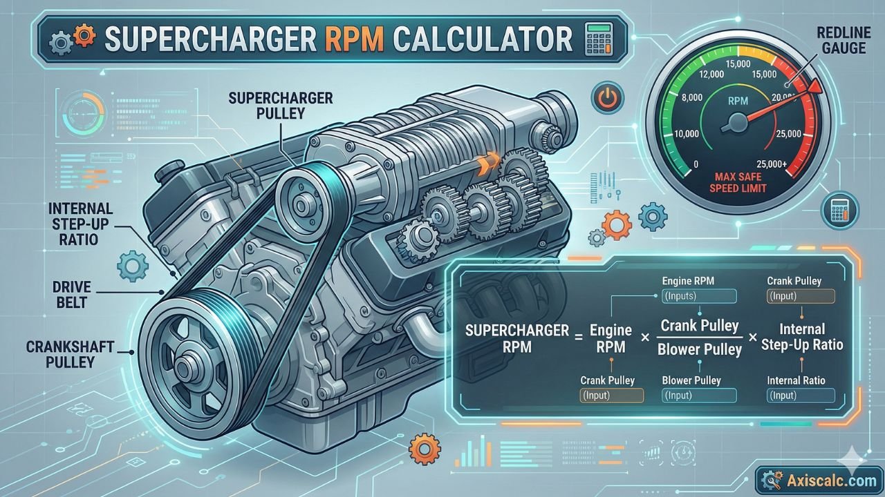 Supercharger RPM Calculator with Pulley Ratio & Max RPM